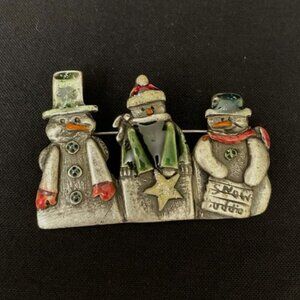 Vtg OTC 3 Snowmen Brooch Pin Silver Toned Metal w/ Green & Red Enamel